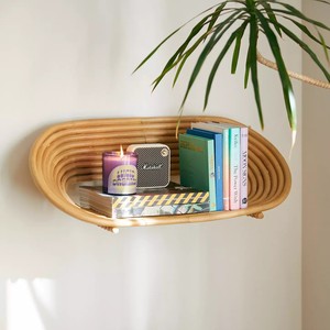 Estanterías de madera para libros, estanterías flotantes de ratán, estantería con encanto bohemio, decoración de pared. - Product Image 1