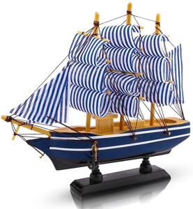 Modèle de bateau à voile en bois artisanal avec décorations nautiques rayées bleues et blanches, avec support de présentation pour table ou maison - Product Image 4