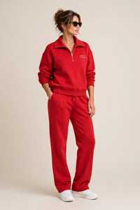 Ensemble de survêtement décontracté pour femme : sweat-shirt rouge à demi-zip et pantalon large, coupe ample, deux pièces - Product Image 2
