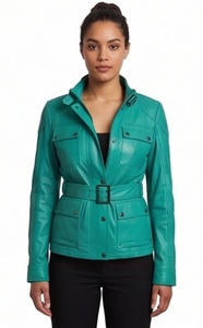 Blouson Bomber en Cuir Vert Émeraude pour Femme, Ceinturé, Col Montant, Écologique, Respirant, Coupe Ajustée, Vêtement d'extérieur – Vente en Gros - Product Image 4