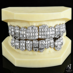 AARVA JEWELS - Juego Completo de Grillz Dentales Personalizados con Incrustaciones de Moissanita Baguette, Estilo Hip Hop, Plata 925 - Product Image 1
