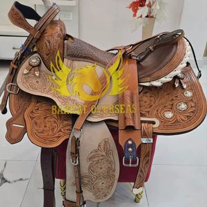 Silla de montar de cuero genuino hecha a mano, duradera, estilo vaquero, para espectáculos ecuestres y carreras de barriles, portátil, con asiento acolchado cómodo. - Product Image 1