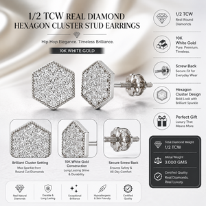 1/2 TCW Real Diamond Hip Hop Cluster Stud <b>Earrings</b> in 10K White Gold | Hexagon Shape Screw <b>Back</b> <b>Earrings</b> Luxury Jewelry For Her - Product Image 5