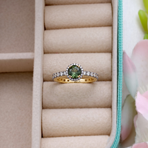Vente en gros d'anneaux halo en argent sterling 925 oxydé plaqué or avec tourmaline verte naturelle et CZ, bijoux Memoria - Product Image 5