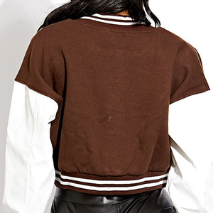 Wholesale New Design Women's Brown Varsity Jacket With White <b>Leather</b> Sleeves And Patch Embroidery <b>Short</b> Crop Style Jacket - Product Image 4