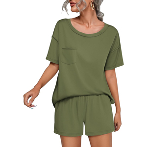 Women's Black 2-Piece <b>Knitted</b> <b>Set</b> Short Sleeve O-Neck Top With Pocket Loose Fit Shorts Casual Breathable Spring Summer Wear - Product Image 4