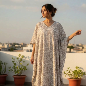 ชุดเดรสผ้าฝ้ายพิมพ์ลายบล็อกแฮนด์เมดสำหรับผู้หญิง สวมใส่สบายๆ ชายหาด ฤดูร้อน ทรงหลวม สไตล์ชาติพันธุ์ ชุดลำลอง ทำมือ เรียบง่าย คอวี ยาว - Product Image 1