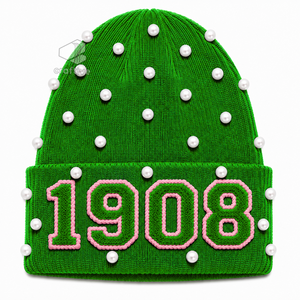 Alfa |   Kapa |   Gorro de Punto con Adornos de Perlas Verdes para Mujer, de la Hermandad Alpha, con Letras Griegas Bordadas en Chenilla, Gorro Casual de Invierno - Product Image 1