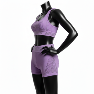 Conjunto de shorts para mujer, 220 GSM, de nailon y elastano acanalado, color lavanda morado, ajuste sin costuras, con logo de pedrería termoadhesiva, conjunto de shorts de algodón para mujer - Product Image 3