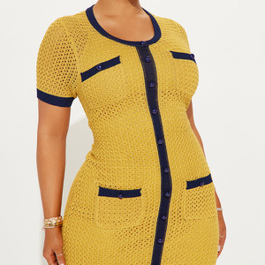 Vestido Maxi de Punto Amarillo con Botones, Manga Corta, Estilo Tubo, Color Sólido, Transpirable, Vestido Casual de Verano para Mujer - Product Image 4