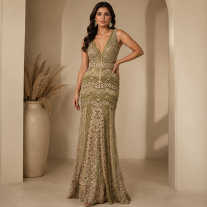 Robe de soirée de luxe dorée à perles pour femme, col en V profond, robe longue formelle, élégante, à sequins, pour soirée, cocktail, bal de promo, invitée de mariage - Product Image 2