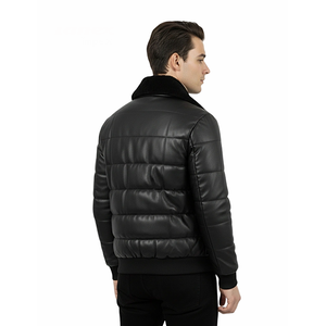 Veste matelassée en cuir noir pour homme, chaude pour l'hiver, avec fermeture éclair et col en fourrure, coupe ajustée, logo personnalisé OEM, vente en gros - Product Image 2