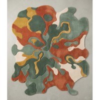Tapis d'intérieur abstrait à formes organiques irrégulières, moderne, tufté, vert, terre cuite, moutarde, crème, contemporain, pour salon et chambre
