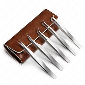 5 Pcs Silver Eyelash Tweezers Set Stainless Steel Professional Lash Extension <b>Tools</b> with PU Leather Case - Product Image 2
