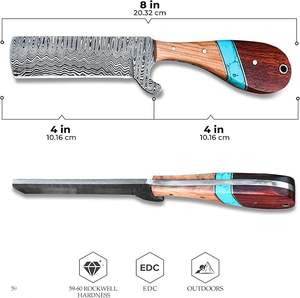 Cuchillo de vaquero forjado a mano de acero de Damasco, personalizado OEM, de espiga completa, hoja fija EDC, mango de madera con funda de cuero tipo pancake - Product Image 4