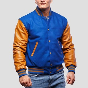 Men's Blue <b>Brown</b> PU <b>Leather</b> Varsity <b>Jacket</b> Regular Fit Turn-down Collar Casual Style Autumn Outerwear - Product Image 3