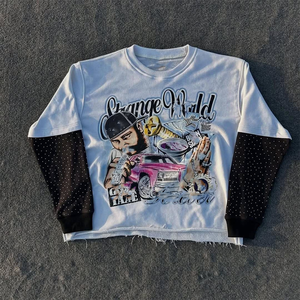 เสื้อสตรีทแวร์ประดับพลอยเทียมแขนยาวสองชั้นลายปักโลโก้ทรงโอเวอร์ไซส์ปกติ - Product Image 1