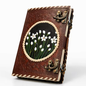 Hand Painted <b>Leather</b> Journal Floral Art Vintage Brown <b>Notebook</b> Metal Lock Handmade <b>Refillable</b> Writing Diary 8x6 - Product Image 5