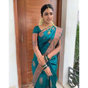 NUEVO BANARASI SEDA SUAVE ZARI TRABAJO SAREE CON BLUSA DESCOSADA RAMA - Product Image 1