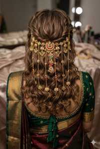 Bridal hair <b>accessory</b> Kundan lotus pearl embellishments South Indian bride hair style Golden for <b>wedding</b> bridesmaids - Product Image 2