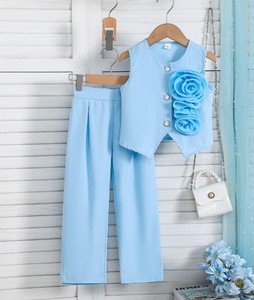 Ensembles de vêtements pour enfants style Western vintage, joli ensemble de mode pour filles, manches courtes, service ODM, pantalon ample à jambes larges - Product Image 6