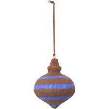 Boule de Noël artisanale en papier mâché écologique, non toxique, rustique, avec rayures bleues, décoration suspendue pour arbre - Product Image 2
