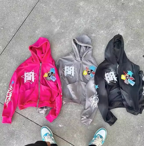 Sweat-shirt à capuche zippé noir personnalisé Y2K avec broderie, pour homme, coupe oversize, style streetwear, en molleton, effet vieilli, pour fabricants - Product Image 2