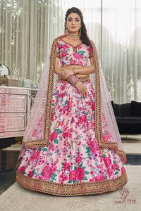 Pink Floral Print Lehenga Choli Art Silk Semi Stitched Wedding Outfit with Dupatta for <b>Bride</b> Festival Wear - Product Image 2