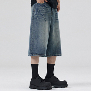 Shorts en jean mi-longs pour hommes, avec fermeture éclair et bouton, coupe ample, style décontracté pour l'extérieur - Product Image 2