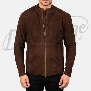 Veste en cuir suédé marron foncé pour homme, coupe ajustée, en véritable peau de mouton, automne-hiver, style décontracté, col bandoulière, fermeture éclair, vêtement d'extérieur - Product Image 1