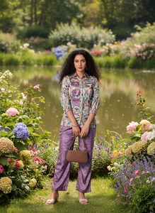 Ensemble coordonné exclusif à imprimé floral pour femmes, kurta et pantalon ethniques contemporains à coupe asymétrique, avec foulard assorti, pour les occasions spéciales, en polyester. - Product Image 4