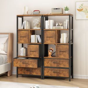 Libreria a 5 Ripiani e 4 Cassetti in Tessuto Non Tessuto 60*30*147cm, Struttura in Ferro Nero e Finitura Effetto Legno per Hotel - Product Image 5