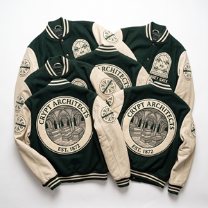 Chaqueta Varsity Personalizada OEM con Mangas de Cuero y Lana, Bordado de la Hermandad de Herbalistas, Parche Colgante de Hierbas, Abrigo Marrón - Product Image 5