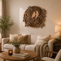 Décoration murale en bois de qualité supérieure en forme de couple d'oiseaux avec un design complexe de branches d'arbre, art mural décoratif pour un décor rustique et contemporain
