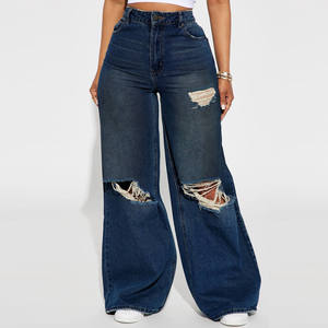 Pantalon en jean noir déchiré taille haute à jambe large, longueur intégrale, fermeture boutonnée, style décontracté, tissu 100 % coton tissé - Product Image 5