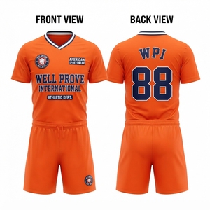 Ensemble Maillot et Short de Football Personnalisé Sublimé pour Adulte Unisexe, en Polyester Respirant 160 GSM, Bleu Royal et Or, Col en V, avec Panneaux - Product Image 2
