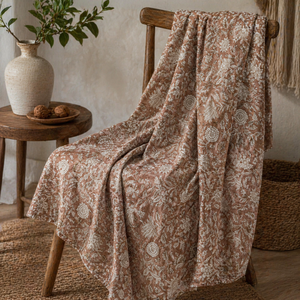 Tela de Algodón Estampada a Mano con Diseño Floral Marrón Beige, Tela India Hecha a Mano para Confección de Vestidos - Product Image 2