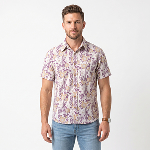 Chemise décontractée pour homme à manches courtes, imprimé floral, col rabattu, tissu en coton respirant pour l'été - Product Image 1