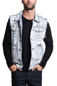 <b>Men's</b> <b>Light</b> Blue Denim Vest Turn-down Collar Single Breasted Frayed Casual Washed Cotton Spring Style - Product Image 6