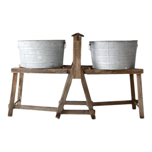 Galvanized Iron Metal Planter With <b>Stand</b> Vintage Style Indoor Outdoor Garden Decor Freestanding Flower <b>Pot</b> With Rope Handles - Product Image 2