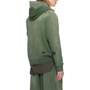 Unisex Olive Green Distressed French Terry Hoodie and Wide Leg Sweatpants Set with Sun Faded Garment Dye Frayed Slouchy Fit - Product Image 3