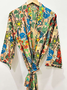 Kimono Floral Estampado para Mujer, Bata Larga de Manga Larga, Ropa de Dormir Informal, 100% Algodón, Kimono para Verano - Product Image 1