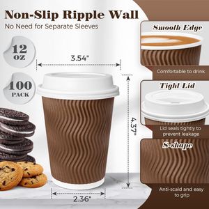 Paquete de 100 Vasos Desechables para Café de 12 oz, Aislados, Color Marrón, con Tapas, Pared Ondulada, para Café, Té y Chocolate para Llevar - Product Image 5