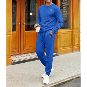 Conjunto Deportivo de Punto Azul para Hombre, Cuello Redondo, Color Sólido, Ropa Casual, Tejido de Poliéster Transpirable, Temporada de Primavera - Product Image 3