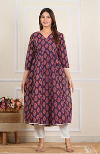 Conjunto de trajes estampados florales de bloque de mano de algodón 100% o Kurtis para mujer con ropa de fiesta india de trabajo bordada - Product Image 4