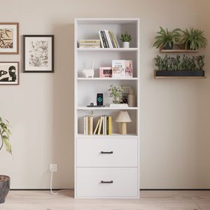 Triamine Board Display Cabinet FCH 4-Layer <b>White</b> <b>Bookcase</b> with 2 USB 2 Plugs 2 Drawers and 60*23.5*180cm 2022 Best Seller - Product Image 1