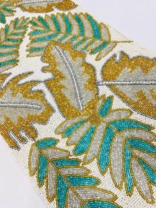 Embroidered <b>Table</b> <b>Runner</b> with Plant Pattern in Blue Green and Gold Bohemian Style for Home Decor Washable - Product Image 6