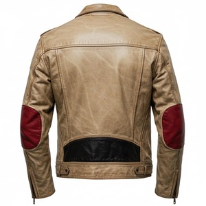 Vintage Tan <b>Leather</b> Jacket with Red <b>Elbow</b> <b>Patches</b> Men's Real <b>Leather</b> Biker Coat Designer Two-Tone <b>Leather</b> Jacket - Product Image 2