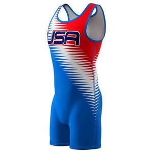 Maillot de lutte américain pour hommes, bleu, rouge, blanc, imprimé par sublimation, ajusté, anti-transpiration, vêtements de sport pour adultes, fournisseurs d'usine OEM - Product Image 3