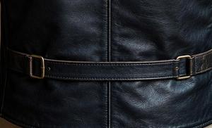 Chaleco de moto de cuero negro genuino con cremallera y cierre de cinturón, cuello mandarín, prenda exterior - Product Image 4
